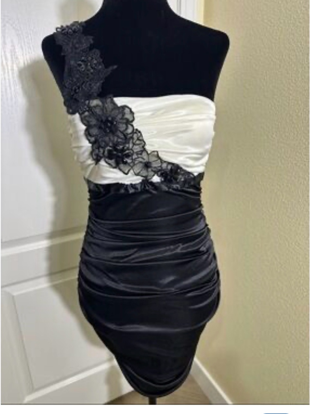 B Darlin Black and White One-Shoulder Lace Appliqué Cocktail Dress